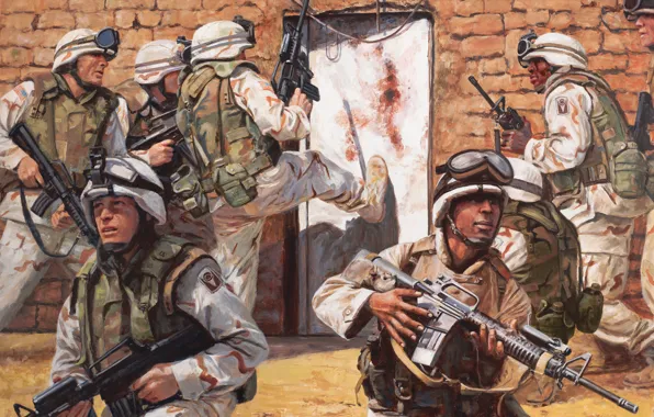 Картинка оружие, рисунок, дверь, арт, солдаты, США, захват, экипировка