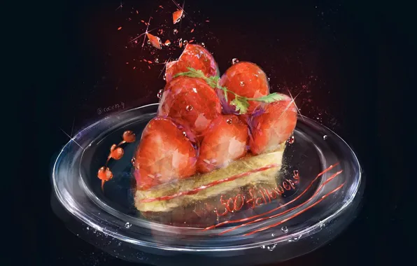 Клубника, тарелка, синий фон, капли воды, кусок пирога, by Cocon