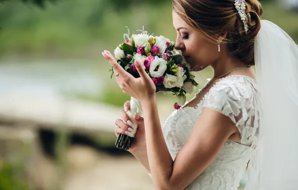 Девушка, букет, невеста, белое платье, фата, свадьба