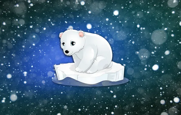 Зима, Минимализм, Рисунок, Снег, Медвежонок, Медведь, Фон, Белый медведь