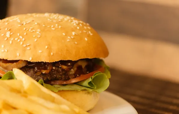 Hamburger, sauce, french fries
