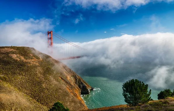 Облака, мост, туман, Калифорния, Сан-Франциско, золотые ворота