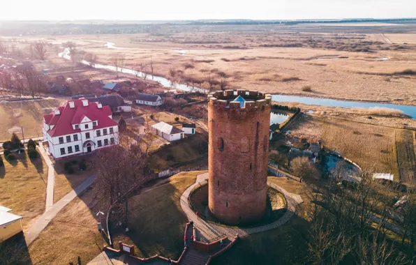 Поле, река, башня, горизонт, беларусь, Belarus, тринадцатый век, каменецкая вежа