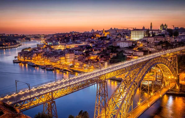 Мост, огни, река, дома, панорама, Португалия, Порто