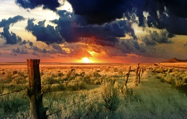 Картинка поле, солнце, облака, Забор