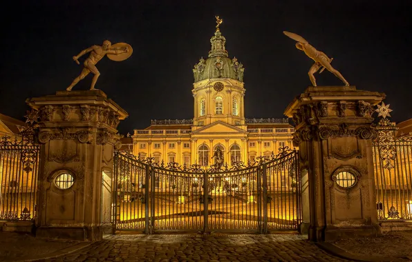 Картинка ночь, огни, замок, ворота, Германия, Берлин, Шарлоттенбург
