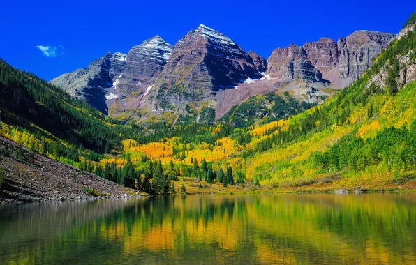 Картинка осень, лес, деревья, горы, озеро, отражение, камни, скалы