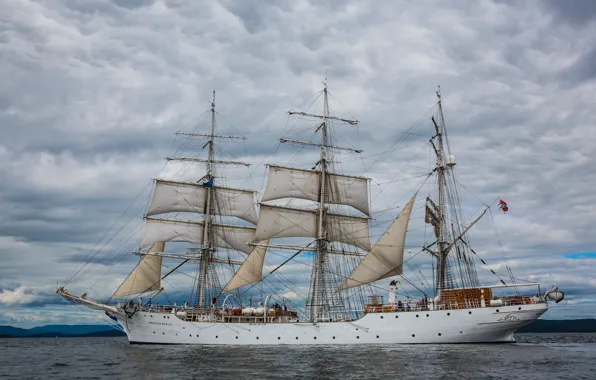 Корабль, Тучи, Парусник, Судно, Паруса, Пасмурно, Christian Radich, Training Ship