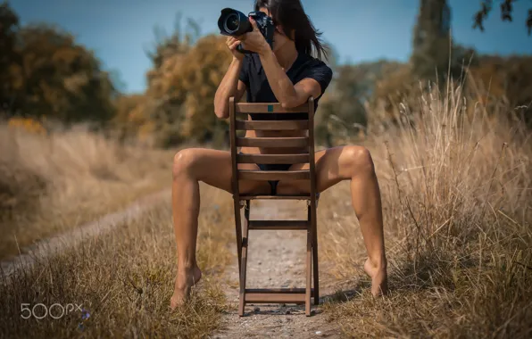 Девушка, поза, фотоаппарат, стул, Nikon