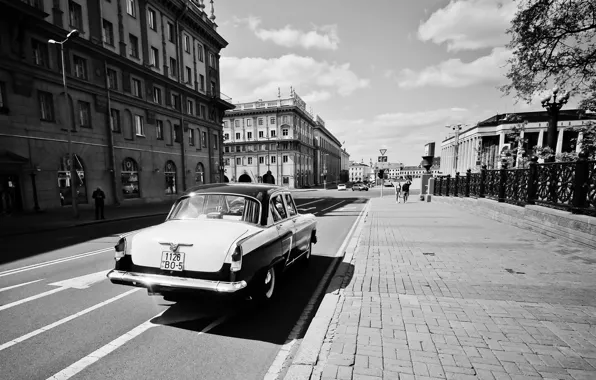 Black & white, USSR, Volga, GAZ-21, Minsk, Volga-21