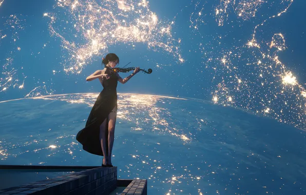 Картинка girl, violin, playing, starry sky