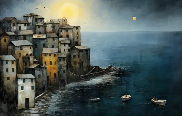 Море, город, берег, картина, Martin Sercombe