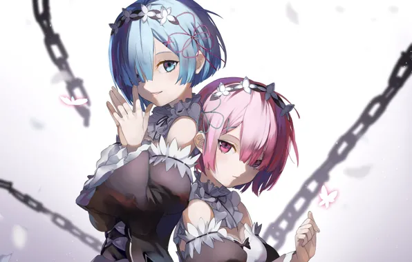 Девушки, аниме, арт, цепи, re: zero kara hajimeru isekai seikatsu, Рем, Рам