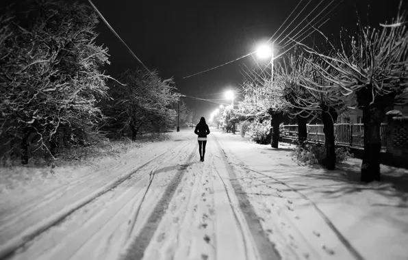 Картинка зима, белый, девушка, снег, деревья, Улица, фонари