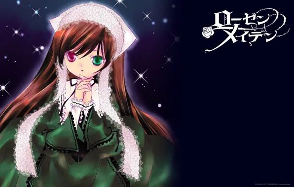 Рыжая, кружево, чепчик, rozen maiden, длинные волосы, art, разные глаза, зеленое платье
