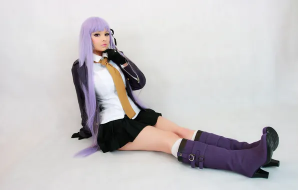 School uniform, model, women, cosplay, black panties, purple hair, Kirigiri Kyouko, Danganronpa