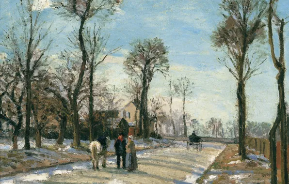Картинка пейзаж, картина, Камиль Писсарро, Дорога в Версаль. Лувесьен. Зимнее Солнце и Снег