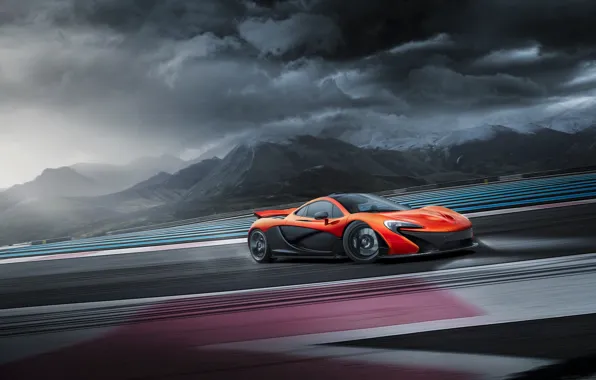 McLaren, Orange, Clouds, Supercar, Track, Skid, Drifting