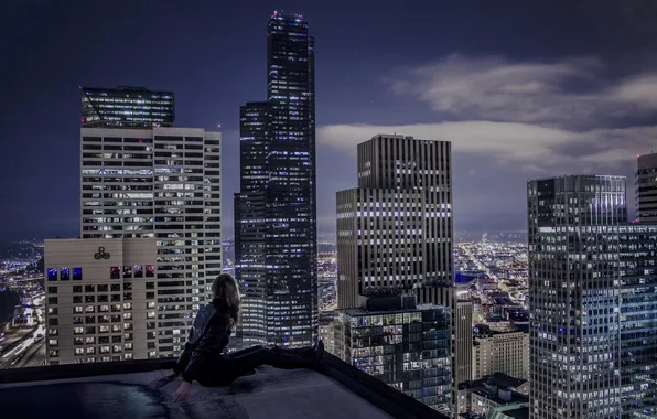 Картинка city, lights, road, long hair, modern, water, night, skyscraper