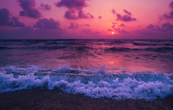 Waves, beach, sky, sea, landscape, nature, sunset, clouds