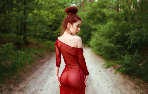 Дорога, лес, попа, девушка, деревья, природа, поза, модель