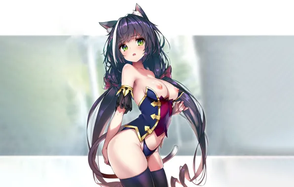 Girl, sexy, lingerie, panties, thighhighs, long hair, nipples, boobs