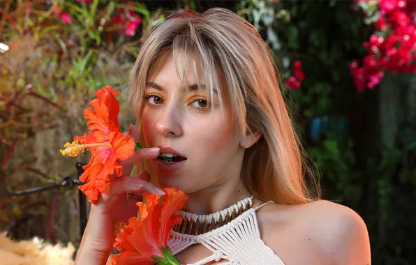 Flowers, model, gorgeous, photoshoot, posing, closeup, beautiful face, Avery