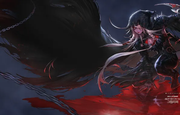 Картинка девушка, оружие, кровь, крылья, аниме, арт, капюшон, цепи