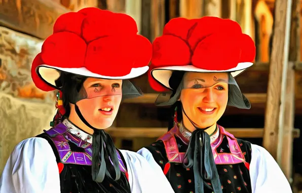 Улыбка, Девушки, шляпы, Шварцвальд, национальный костюм, немки