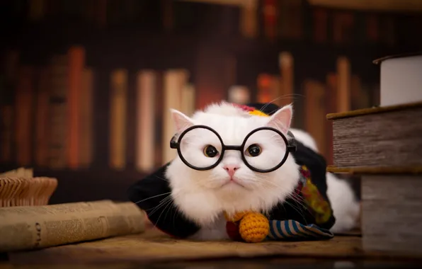 Кошка, белый, кот, взгляд, поза, книги, очки, костюм