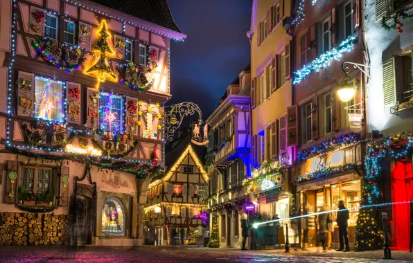 Картинка ночь, огни, Франция, Рождество, Кольмар