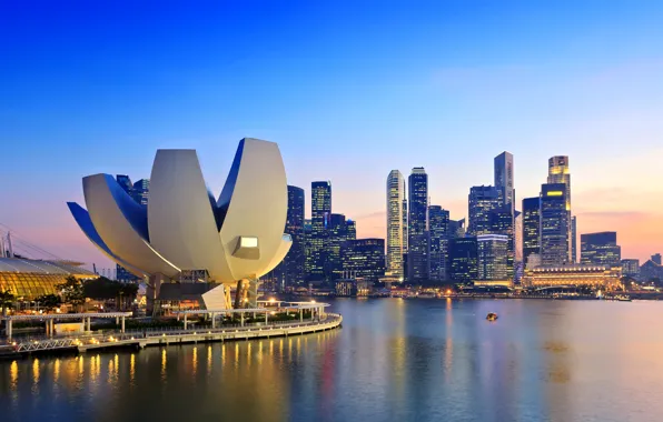 Картинка рассвет, побережье, небоскребы, залив, Сингапур