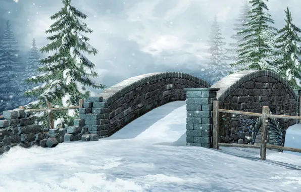 Зима, снег, мост, природа, фото, ель, 3D графика