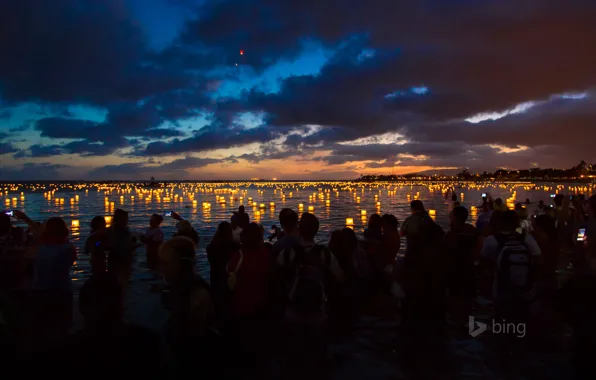 Ночь, люди, Гавайи, фонарики, Ala Moana Beach Park, Оаху