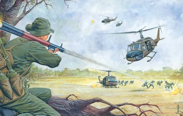 Картинка рисунок, взрывы, арт, засада, солдаты, столкновение, выстрелы, вертолёты