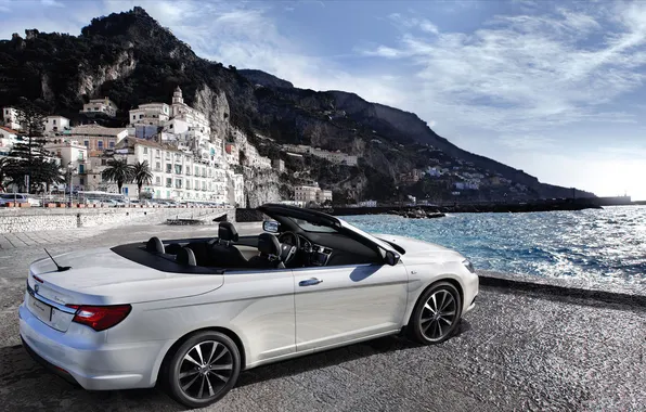 Картинка белый, небо, вода, берег, кабриолет, вид сзади, Lancia, Cabrio