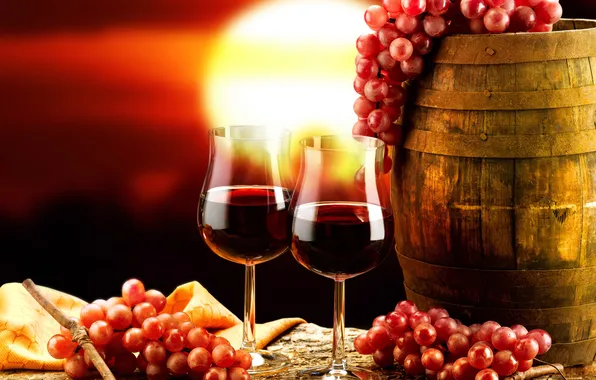 Картинка красный, фон, вино, бокалы, виноград, бочонок