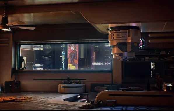 City, guitar, night, neon, noir, books, Cyberpunk 2077, cyberpunk 2077