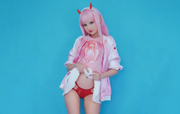 Girl, sexy, lingerie, pantsu, panties, pink hair, horns, green eyes