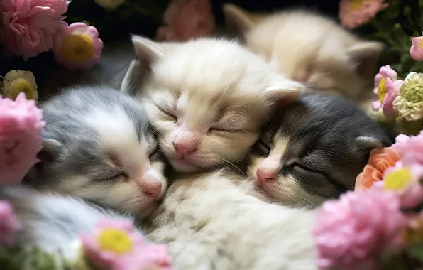 Кошки, котята, малыши, компания, милота, мордашки, ИИ-арт, нейросеть