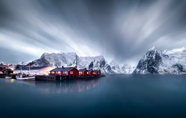 Картинка зима, снег, горы, Норвегия, городок, поселение, фьорд