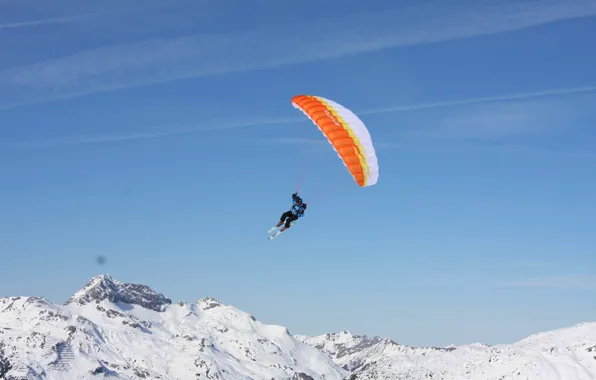 Картинка зима, небо, снег, полет, горы, лыжи, ski, экстремальный спорт