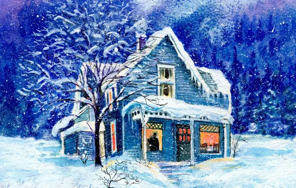 Картинка зима, снег, дом, рисунок