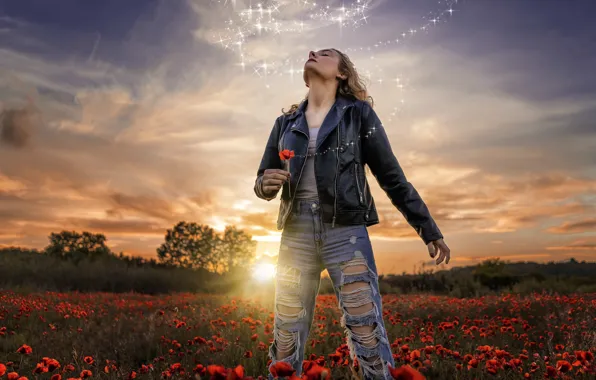 Поле, девушка, природа, волшебство, мак