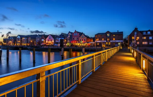 Germany, evening, bridges, houses, Marinas, Husumer