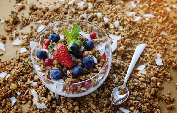 Ягоды, завтрак, мюсли, йогурт, granola, овсянка, гранола