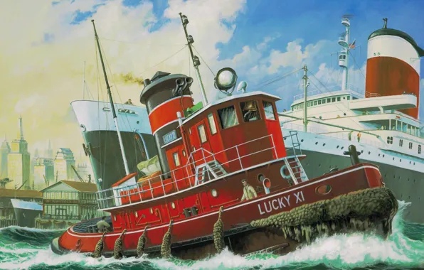 Картинка art, painting, ship, boat, Harbour Tug Boat