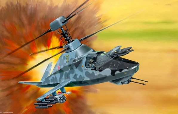 Картинка авиация, арт, вертолёт, ВВС, российский, чёрный призрак, Ка-58