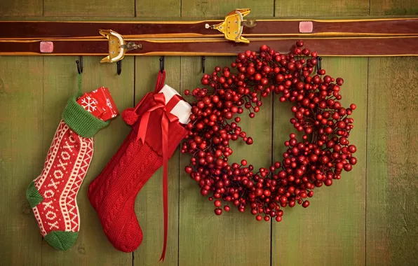 Картинка украшения, ягоды, Новый Год, Рождество, подарки, носки, Christmas, New Year