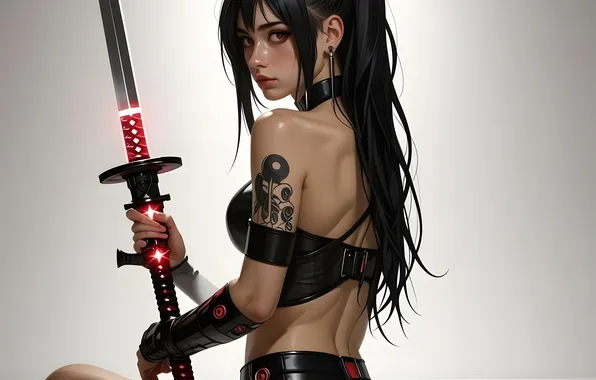 Картинка girl, sword, fantasy, katana, tattoo, artwork, Samurai, fantasy art